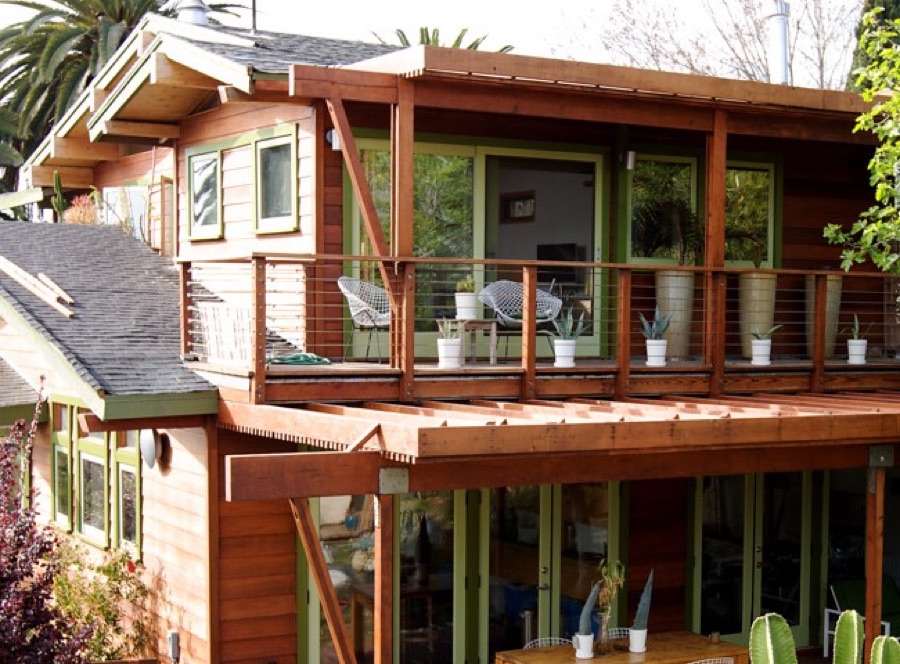 Sample modern house exterior with a wood deck